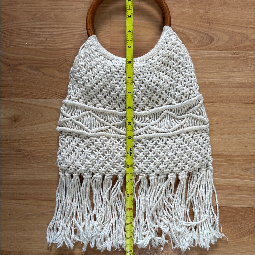 Cream Macrame Fringe Handbag with Wooden Round Handles - Picture 7 of 8